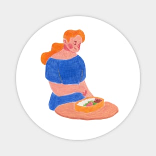 Woman eats lunch from a lunch box Magnet